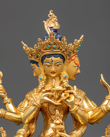 Regular close up of Namgyalma Statue showing gold fire-gilded ornaments and sacred objects
