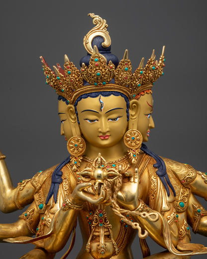 Regular close up of Namgyalma statue highlighting eight arms with sacred objects