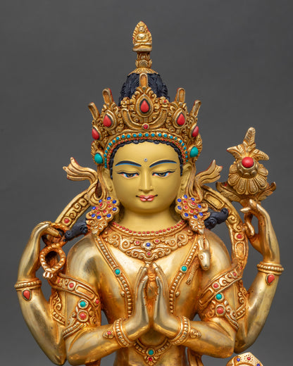 Regular close up of Nepalese Avalokiteshvara meditation sculpture showing intricate robes