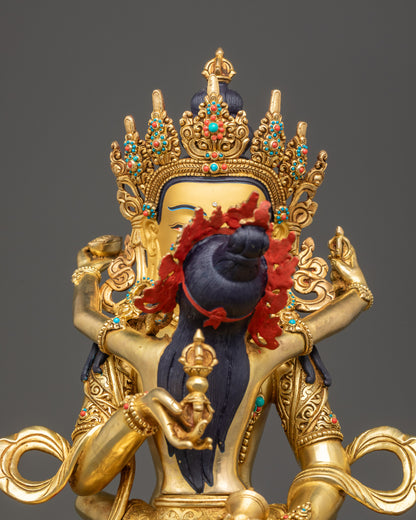 Regular close up of Nepalese Vajrasattva Yab-Yum sculpture with gold-gilded base
