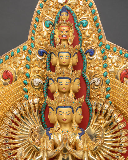 Regular close up of Sahasrabhuja Lokeshvara showing intricate arms and halo motifs
