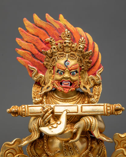 Regular close up of Shakya Mahakala copper statue with Gold-Painted face and Kartika knife