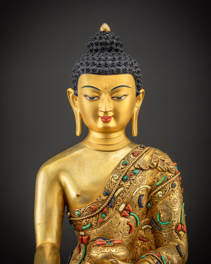 Regular close up of Shakyamuni Buddha statue highlighting peaceful expression and details
