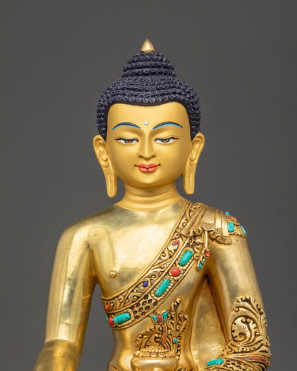 Regular close up of Shakyamuni Buddha statue with gold-gilded face and semi-precious stones