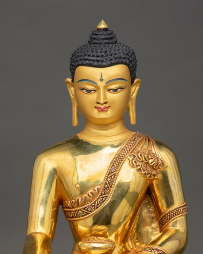 Regular close up of Siddhartha Gautama Buddha statue showing gold-painted face and eyes