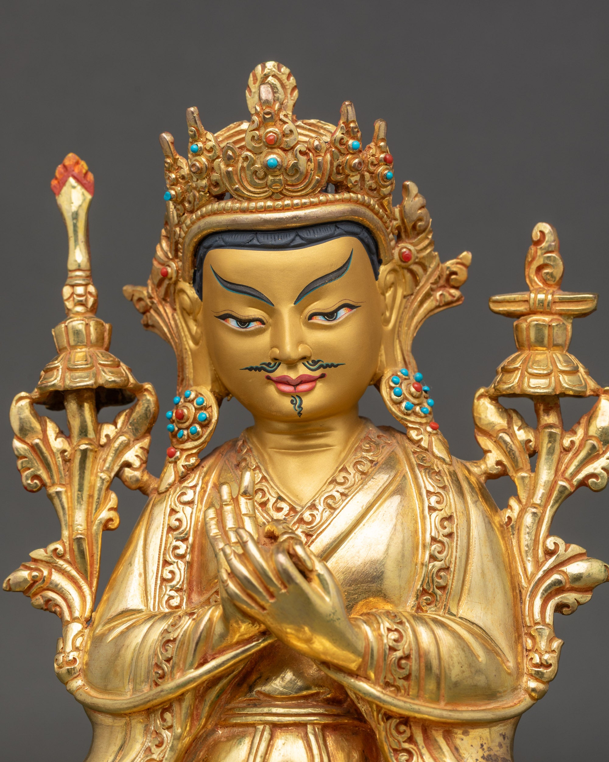 Regular close up of Trisong Detsen with gold-gilded face and ornate crown