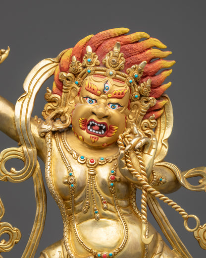 Regular close up of Vajrapani Sculpture showing wrathful expression and lotus base
