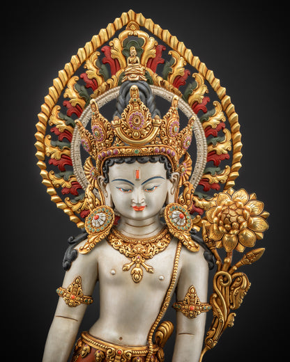 Regular close up of standing Lokeshvara with five-jewelled crown and floral halo