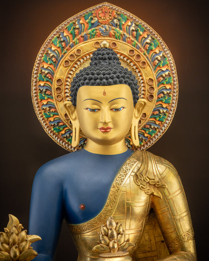 Regular close up with motif halo of 44" Medicine Buddha showing subtle circular halo design
