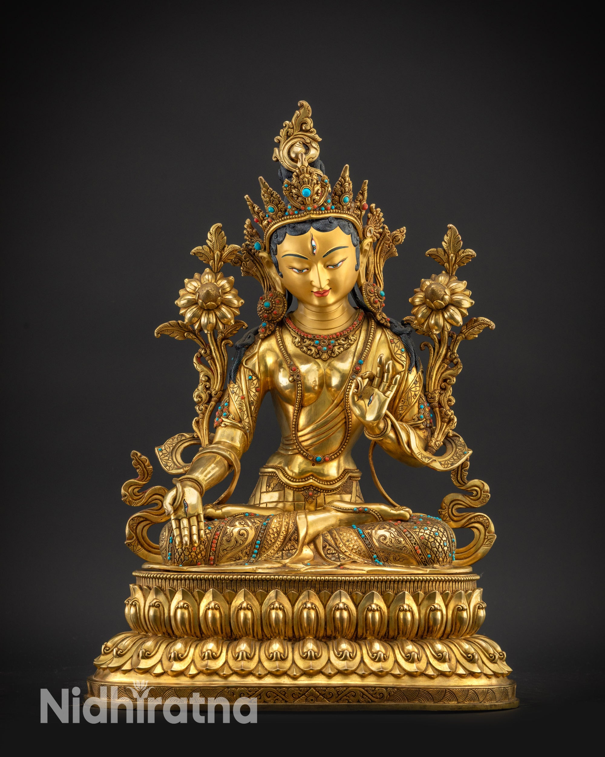 Regular front White Tara statue copper alloy gold fire-gilded base meditation decor
