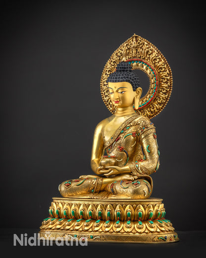 Regular left side view Amitabha Buddha Statue, 24K fire-gilded body and halo
