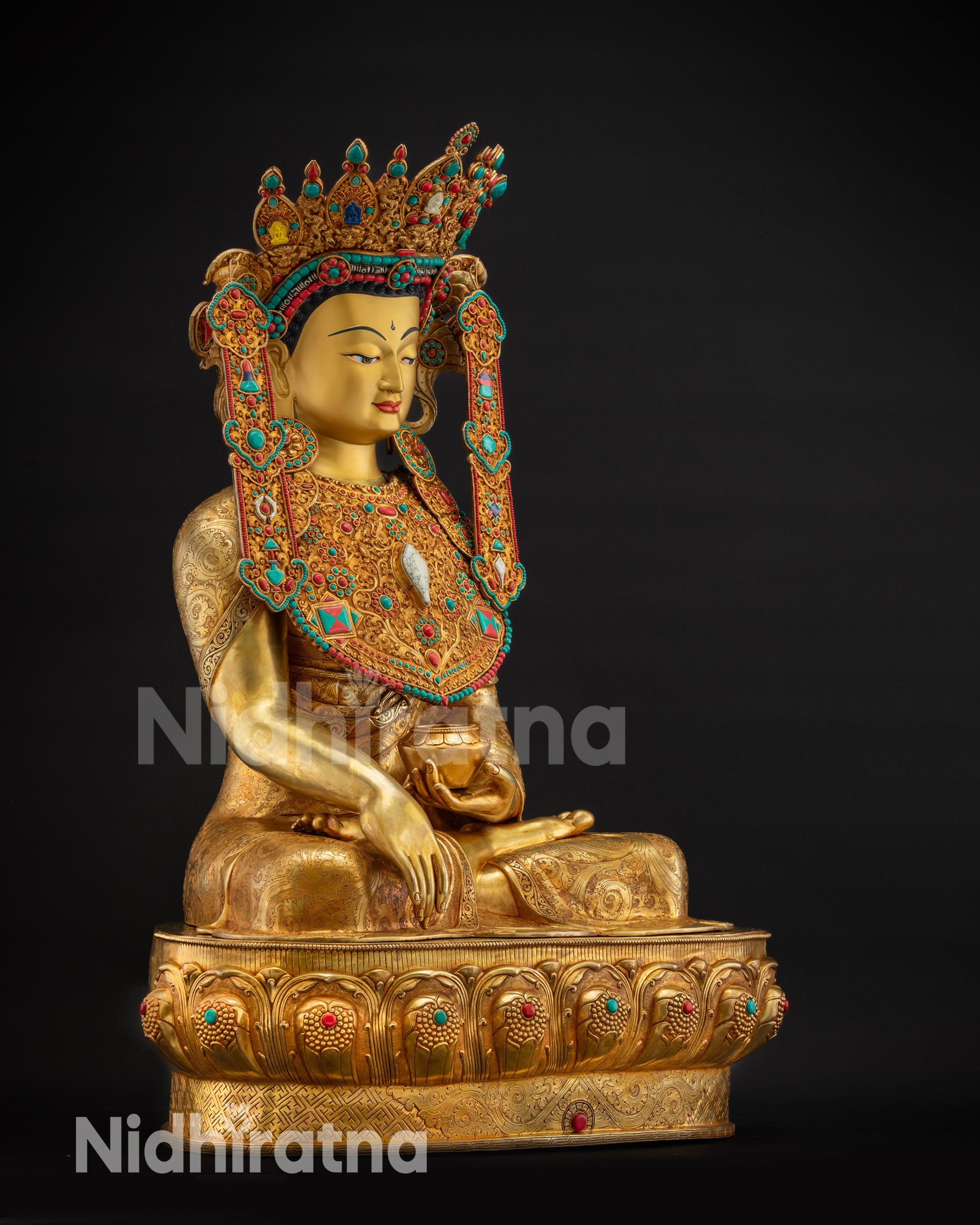 Regular left side view Bodhi Jowo Rinpoche Himalayan Buddhist sculpture with gold gilding
