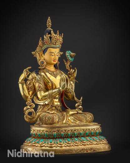 Regular right side view Chenrezig Bodhisattva sculpture gold-gilded details

