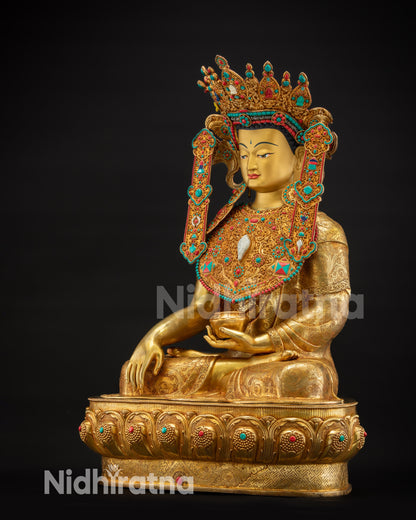 Regular right side view Jowo Rinpoche Tibetan Buddhist deity statue seated on lotus base