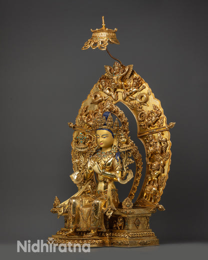 Regular right side view Maitreya Buddha statue showing flowing robe and halo details
