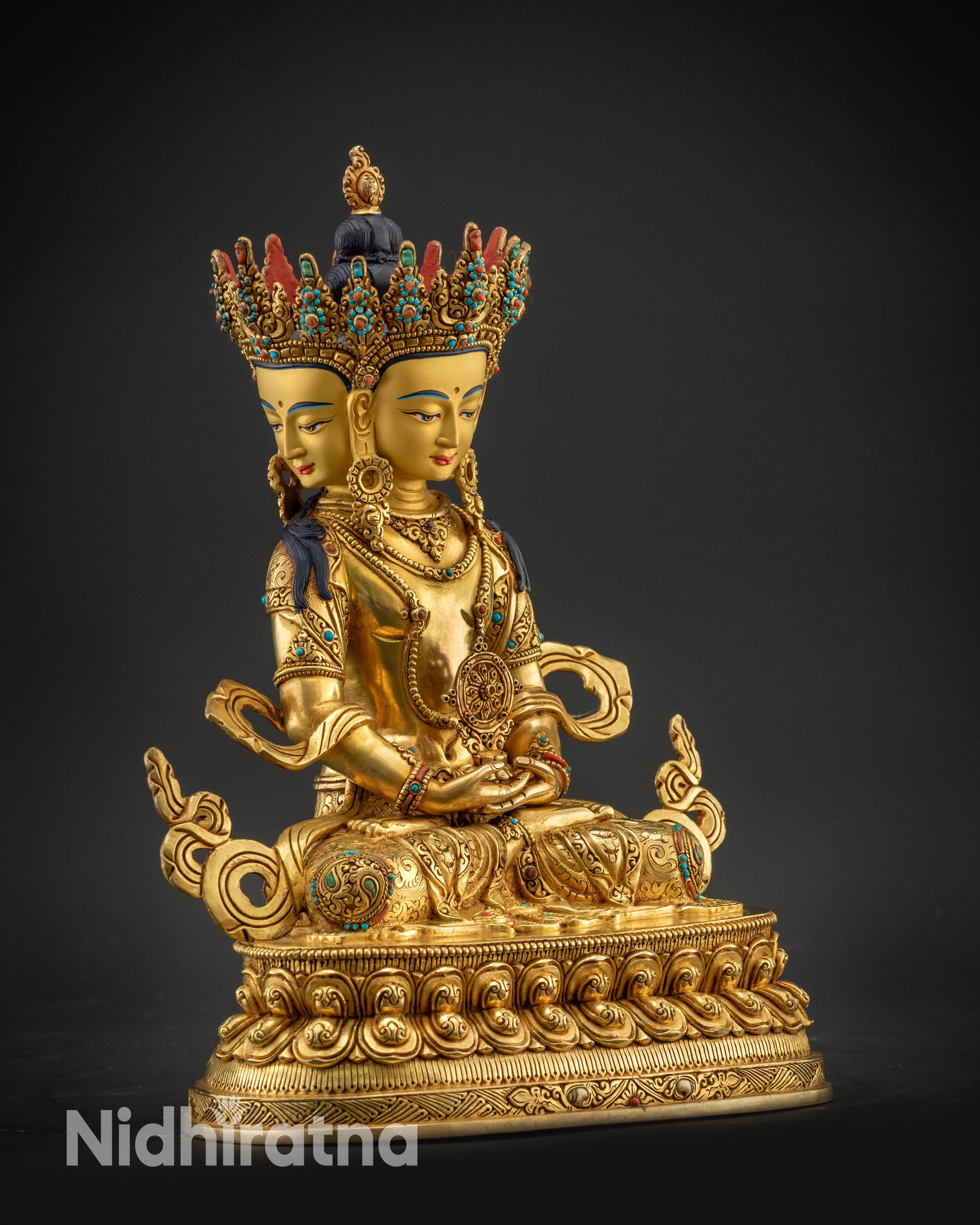 Regular right side view Vairocana Buddha statue with intricate floral robe and jewelry motifs