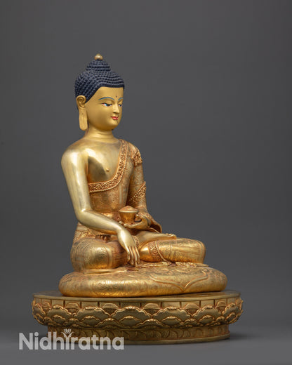 Regular right side view of Buddha statue in lotus posture with monk’s robe
