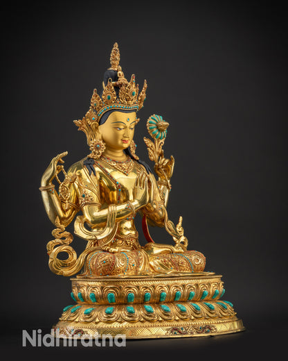 Regular right side view of Chenrezig Statue showing swirling robe and carved lower garments
