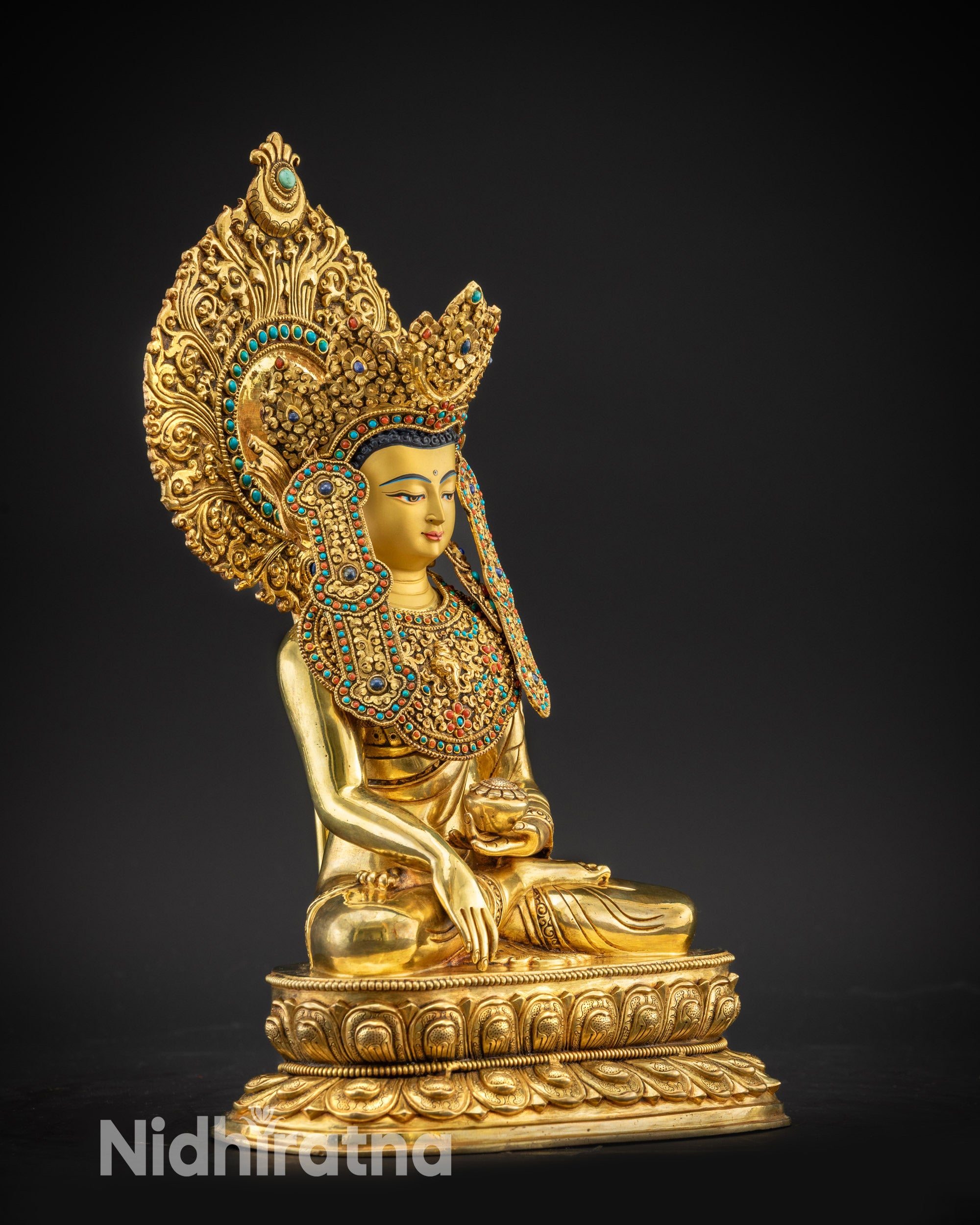 Regular right side view of handcrafted Jowo Rinpoche Buddha with floral motifs

