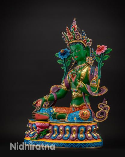 Regular side left Green Tara statue side view left with serene posture