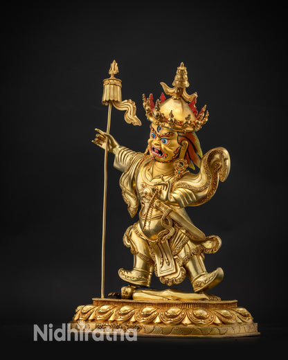 Regular side left view of Nechung Chuyong Statue with ritual sword at waist