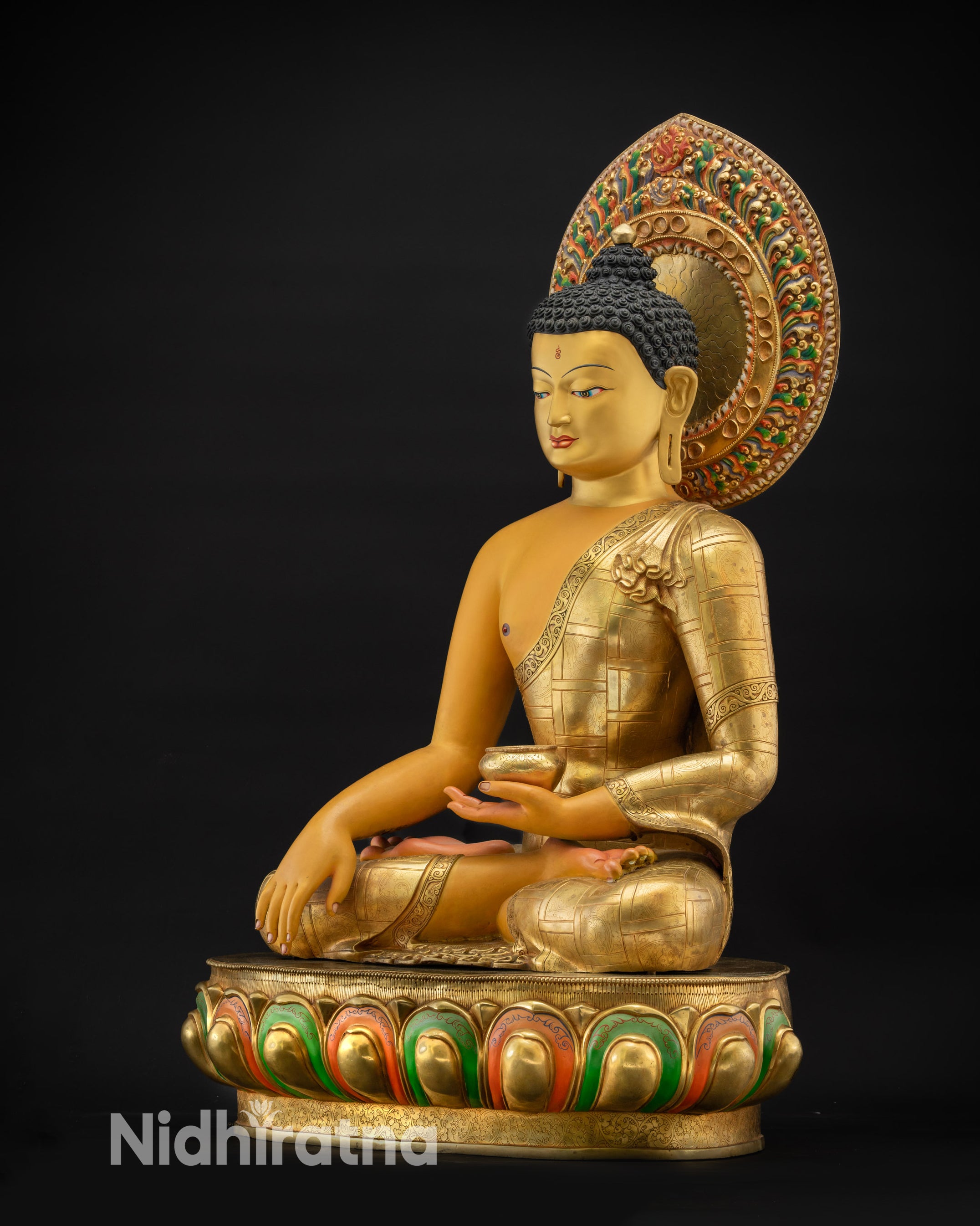 Regular side left view of Shakyamuni Buddha Siddhartha Gautama with floral halo
