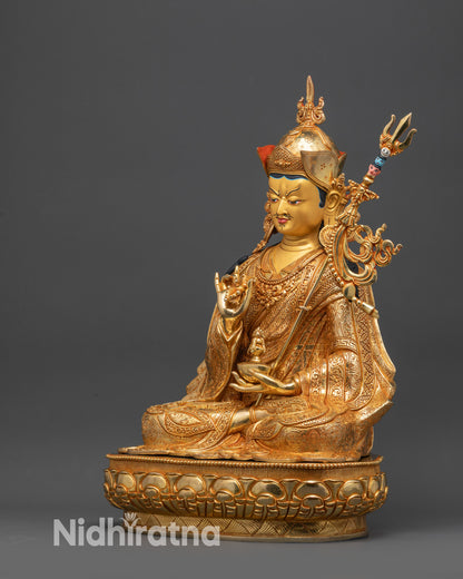 Regular side left view of Tsokye Dorje Statue with trident on shoulder

