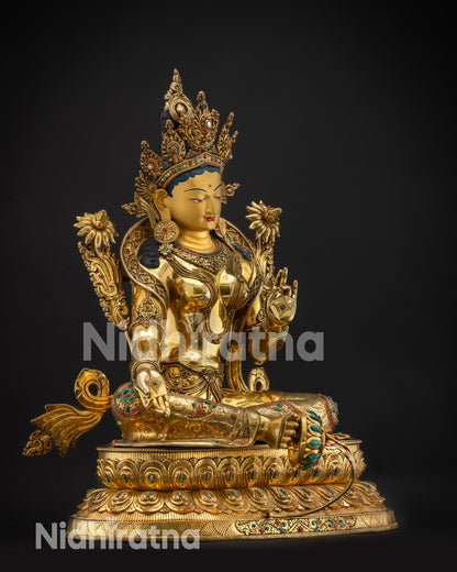 Regular side right Green Tara Statue right side view carved robes and gilded ornaments
