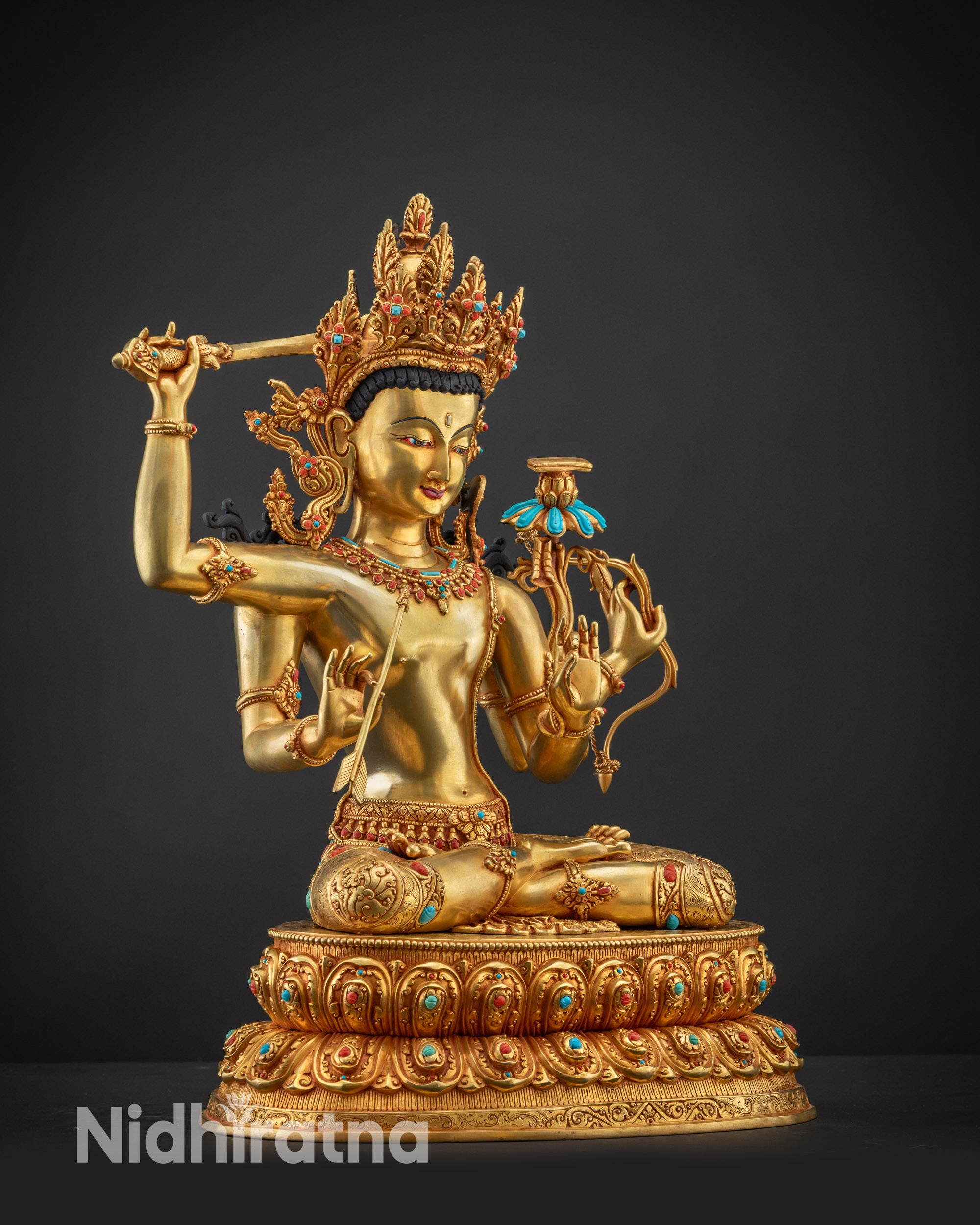 Regular side right Maha Manjushri Statue gold fire gilded robe seated on lotus pedestal from Nepal
