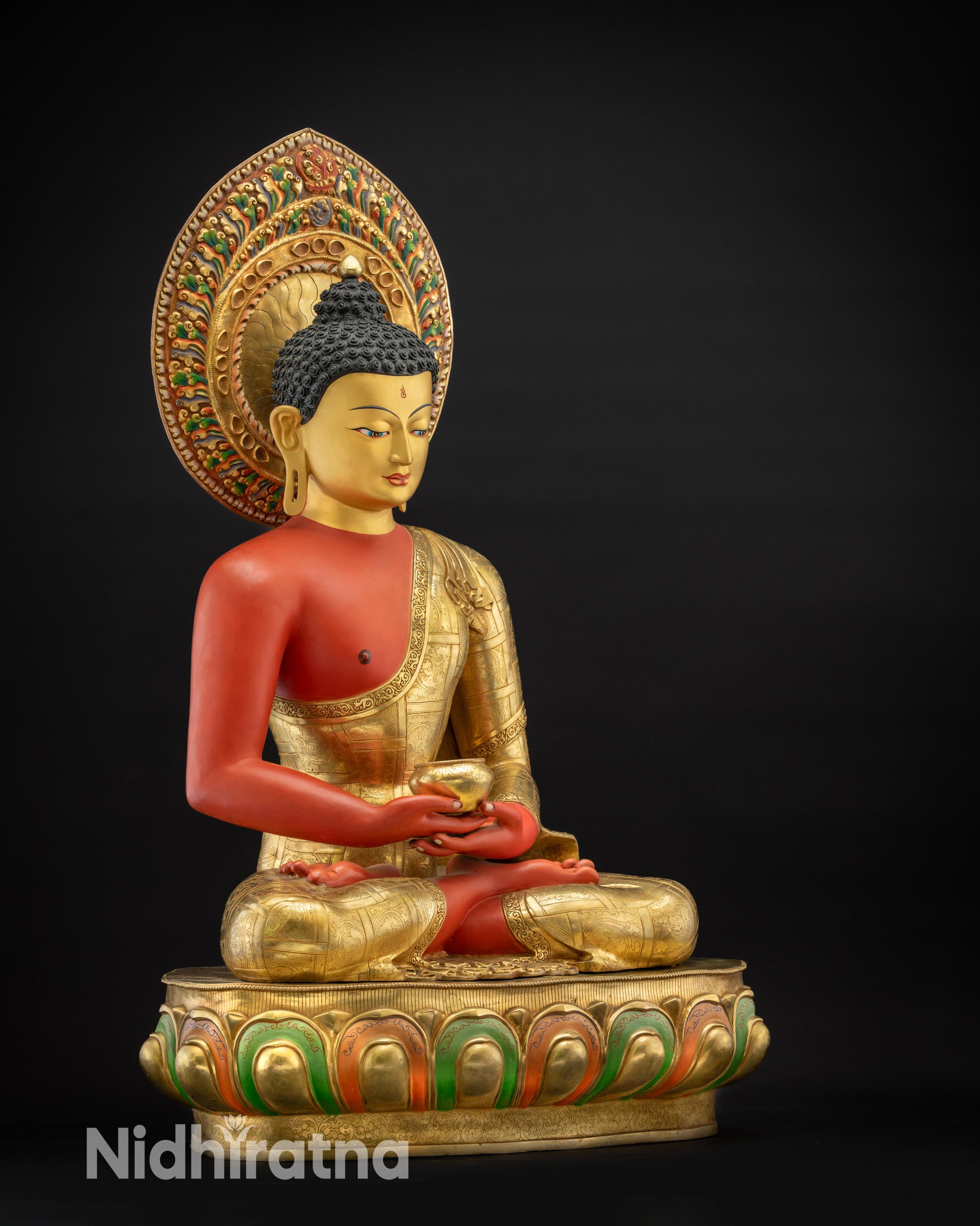 Regular side right view Amitabha Buddha seated on multi-colored lotus seat

