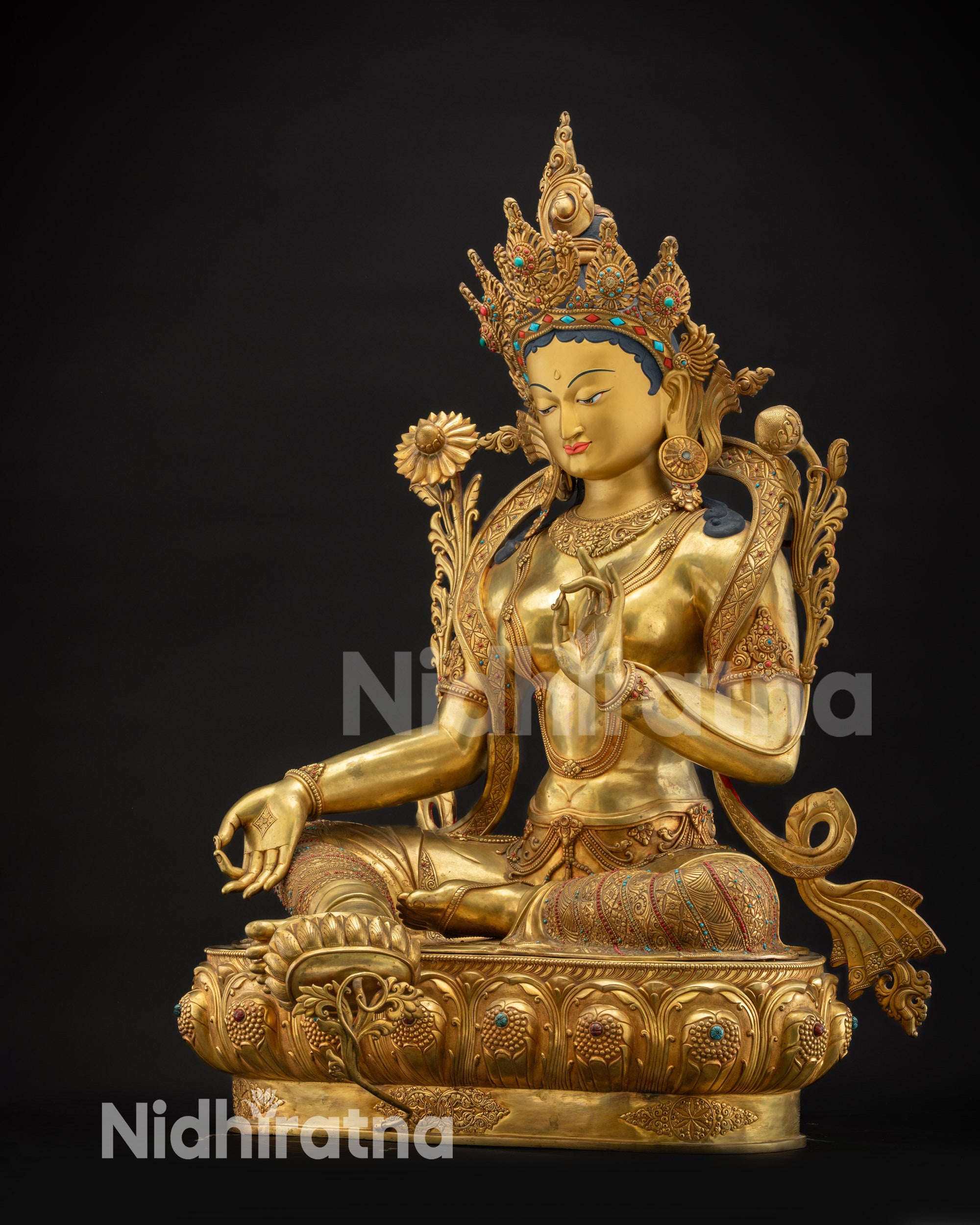 Regular side right view Masterpiece Green Tara Statue seated on lotus pedestal