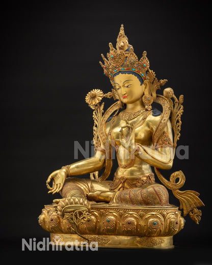 Regular side right view Masterpiece Green Tara Statue seated on lotus pedestal