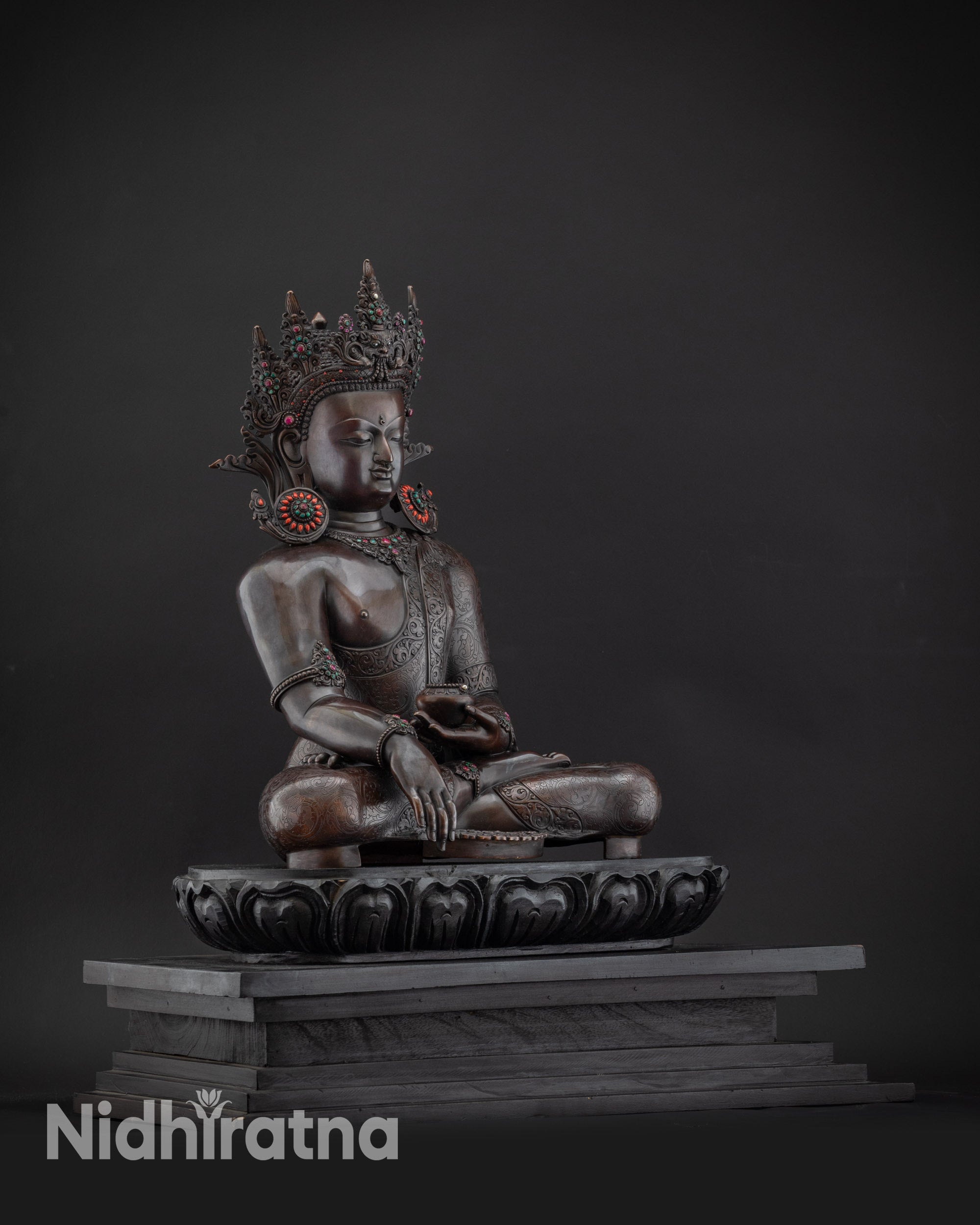 Regular side right view Shakyamuni Buddha idol on dark wooden lotus pedestal throne
