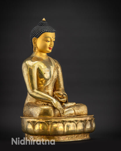 Regular side right view Shakyamuni Gautama Buddha statue on lotus pedestal Nepal