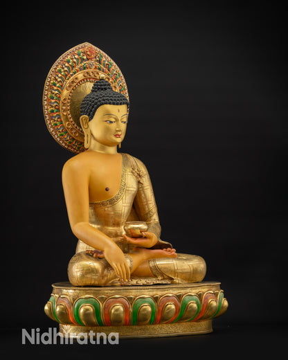 Regular side right view of Shakyamuni Buddha Siddhartha Gautama on lotus pedestal
