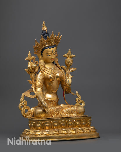 Regular side right view of White Tara seated on lotus with flowing robe
