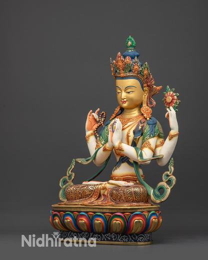 Regular side view of White-Hued Chenrezig Bodhisattva sculpture on lotus seat
