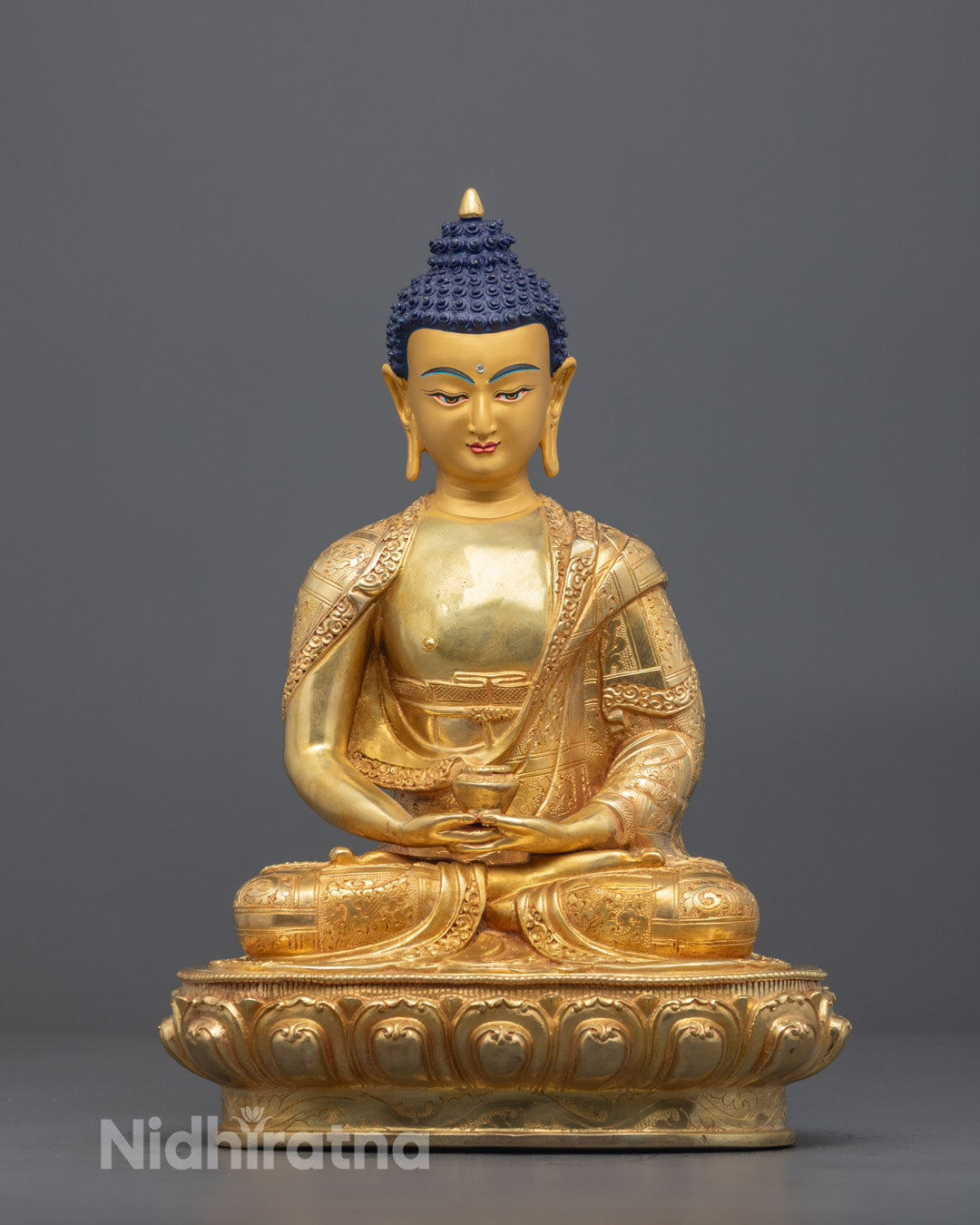 Religious Amitabha Buddha statue with 24K gold gilded face and fire gilded body crafted by lost wax method

