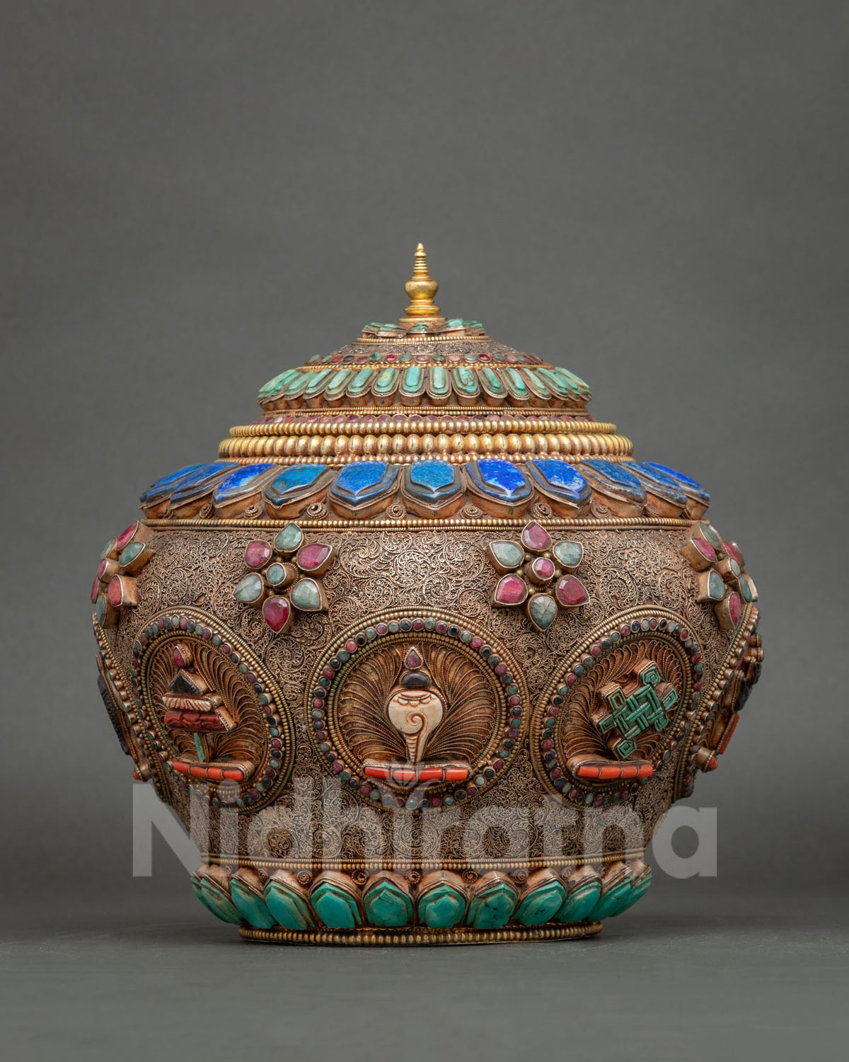 Buddhist rice pot with gold and silver plating and semi-precious gemstones