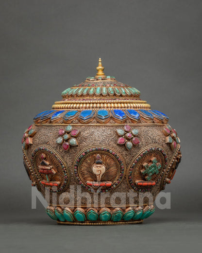Buddhist rice pot with gold and silver plating and semi-precious gemstones