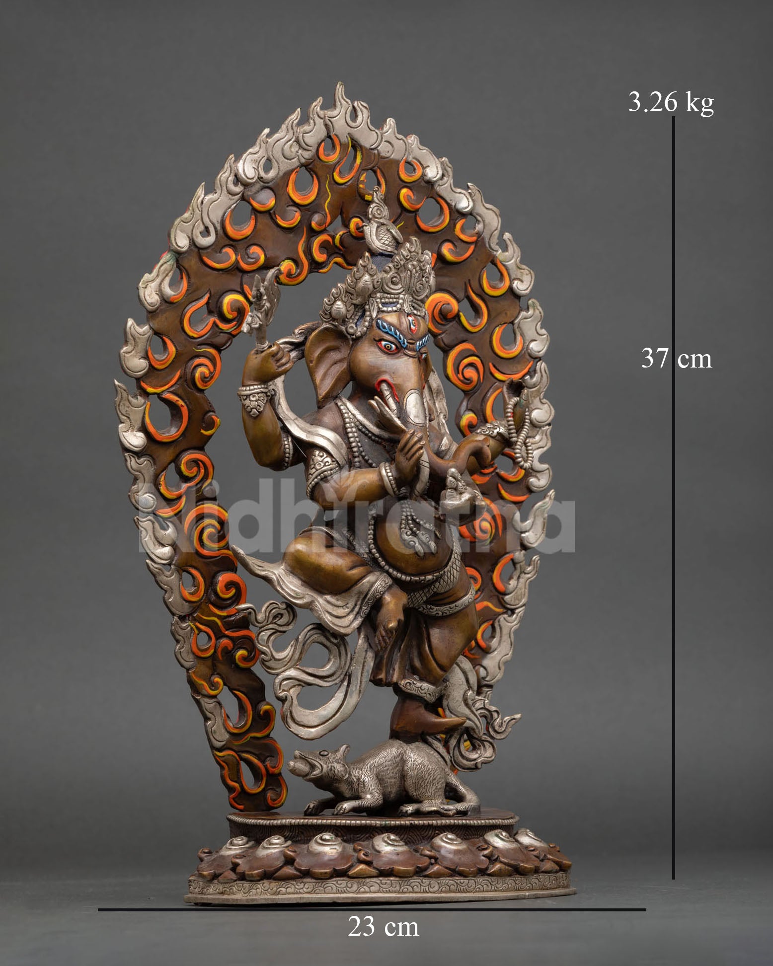 Right profile of Lord Ganesha statue on Mushika, handcrafted oxidized copper art from Nepal