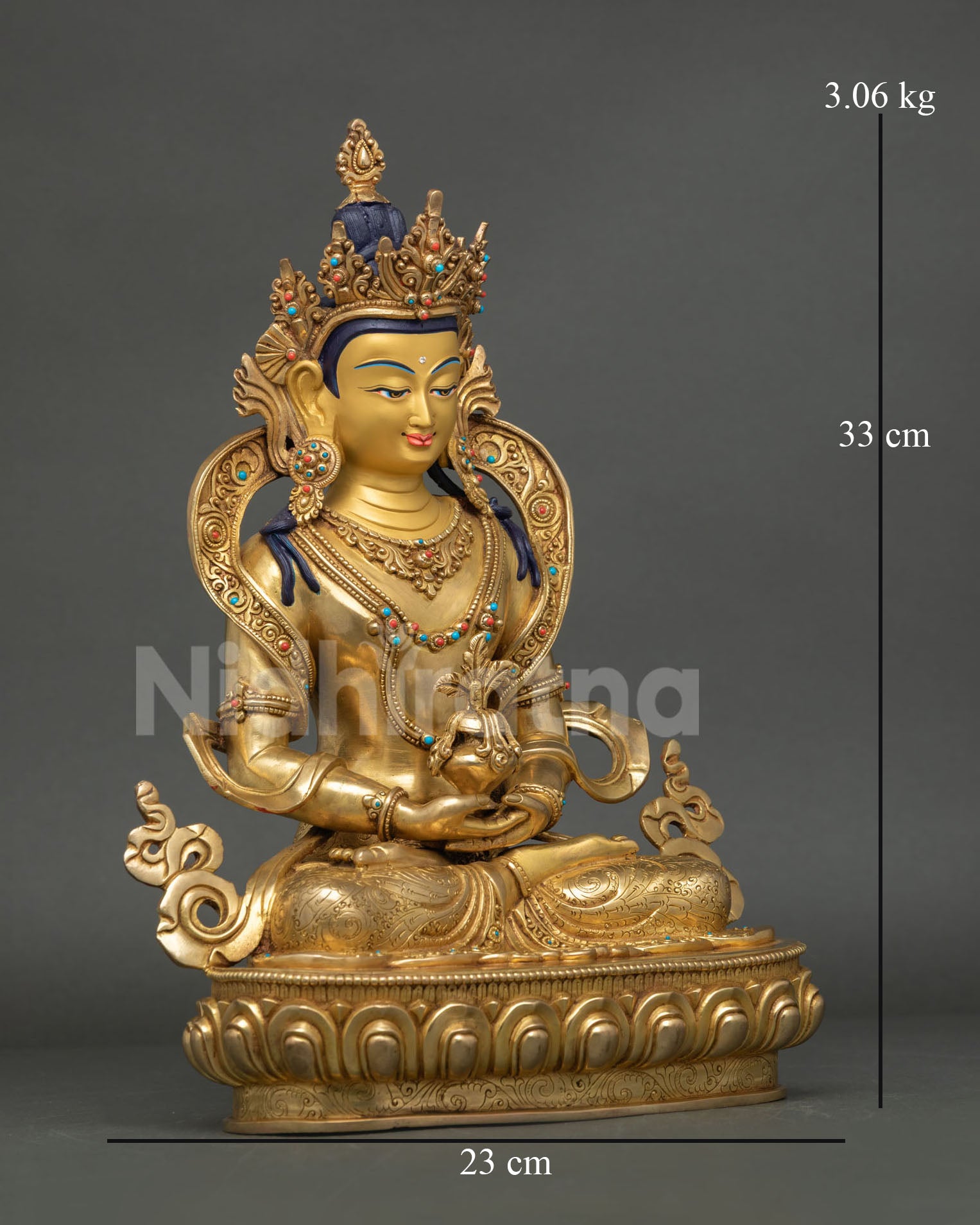 right-side view of Amitayus longevity deity statue with long-life vase and lotus throne