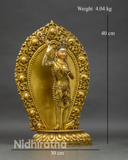 Right profile of Achi Chokyi Drolma figurine, adorned with flower garland and jewelry