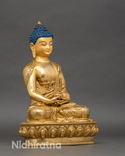 Right profile of Amitabha Buddha statue, handcrafted Nepalese copper and gold details