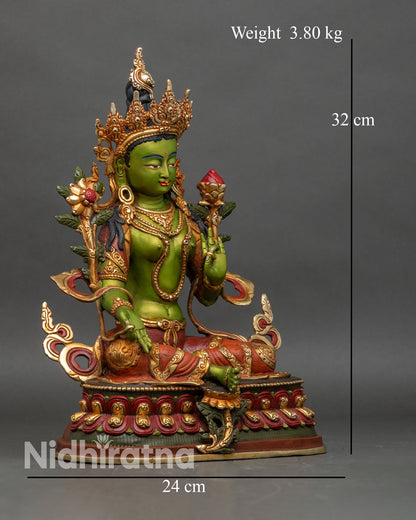 Right profile of Green Tara statue, copper and hand-painted Buddhist art