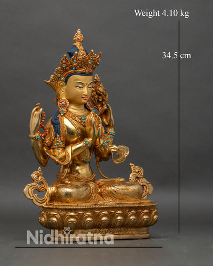 Right profile of Avalokiteshvara statue, seated on lotus, holding chintamani and crystal rosary