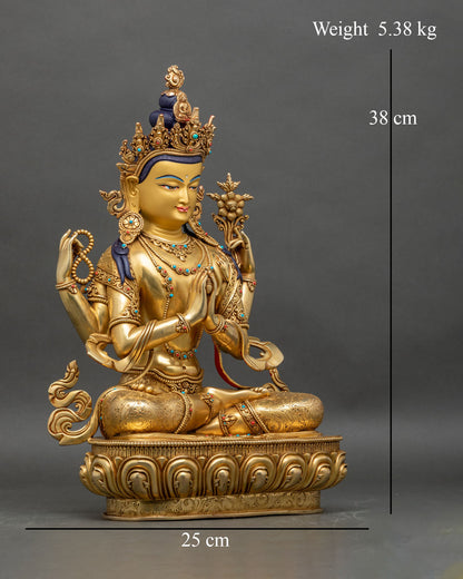 Right profile of Chenrezig statue, copper and gold fire-gilded Bodhisattva on lotus seat
