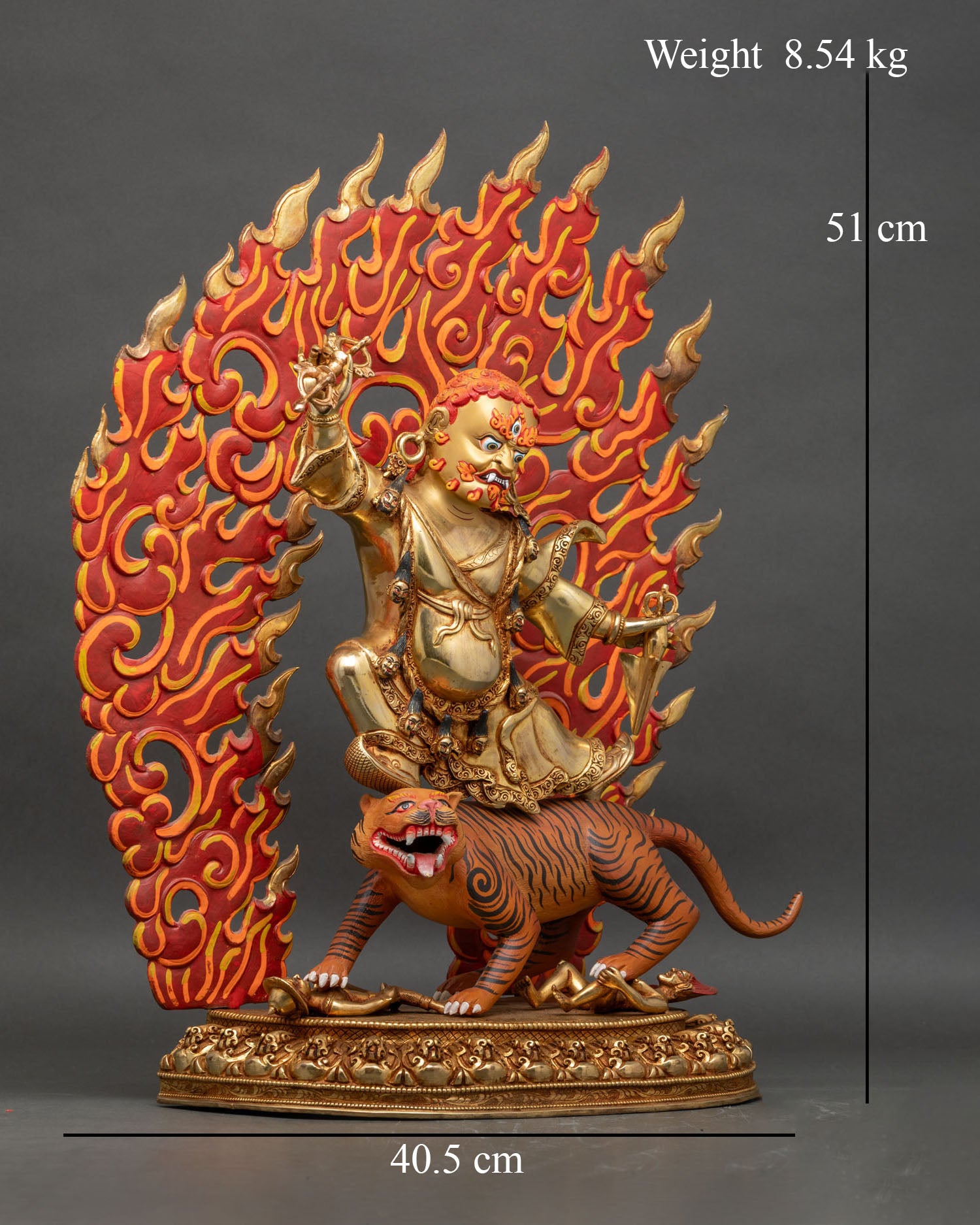 Right profile of Dorje Drolo statue, raised Dorje and Kīla on lotus seat