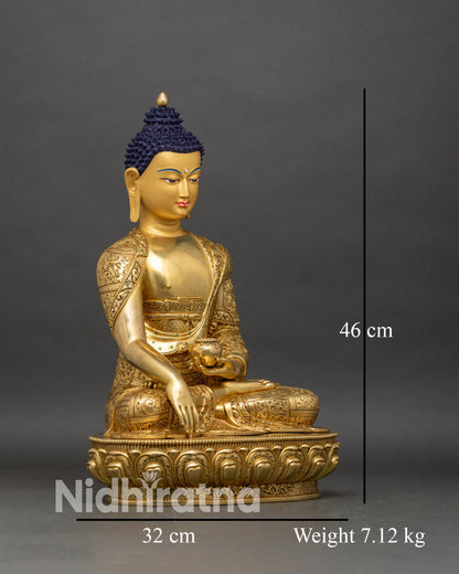 Right profile of Shakyamuni Buddha statue, handcrafted Nepalese copper with gold fire-gilding
