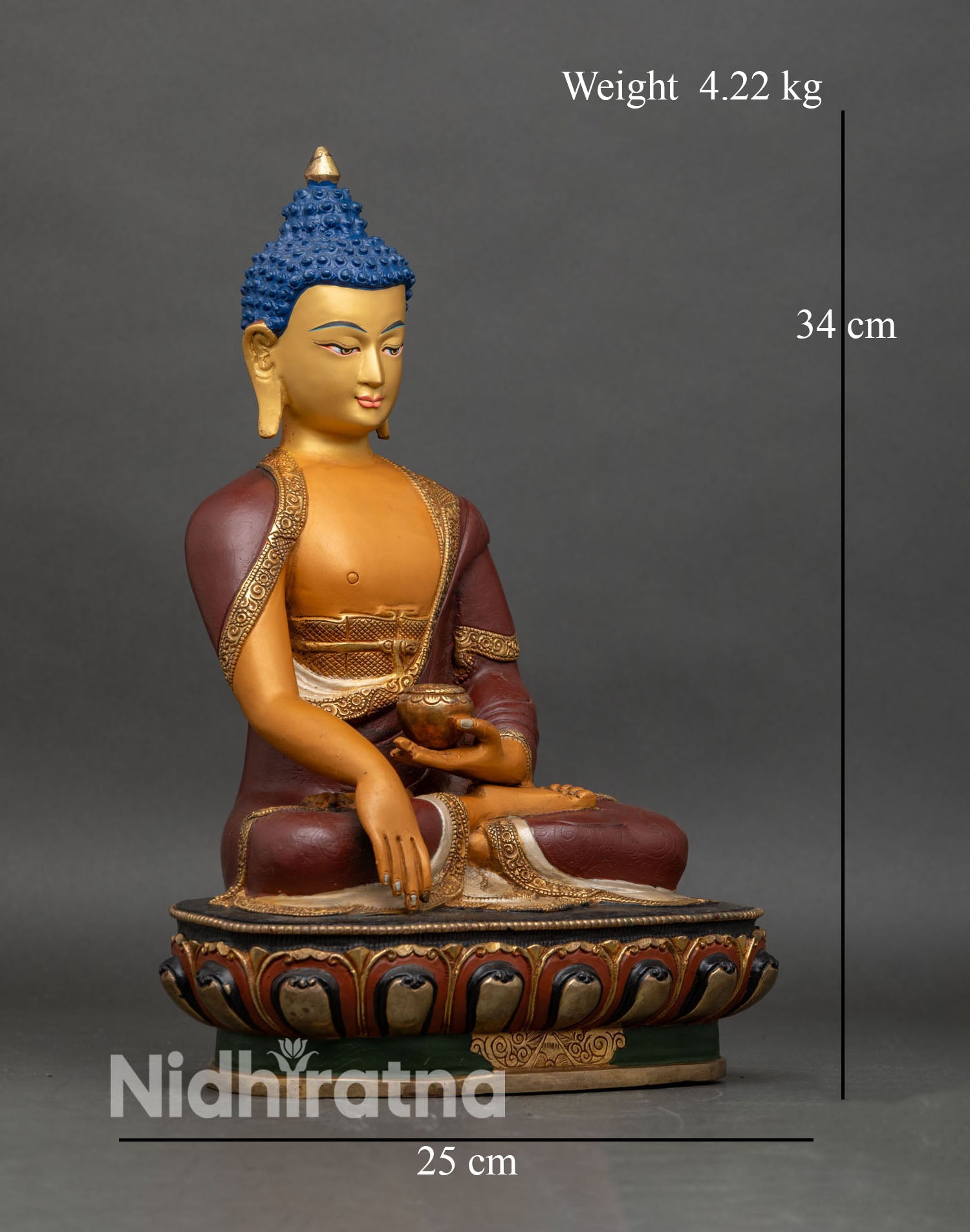 Right profile of Shakyamuni Buddha statue, Bhumisparsha Mudra and ornate lotus seat